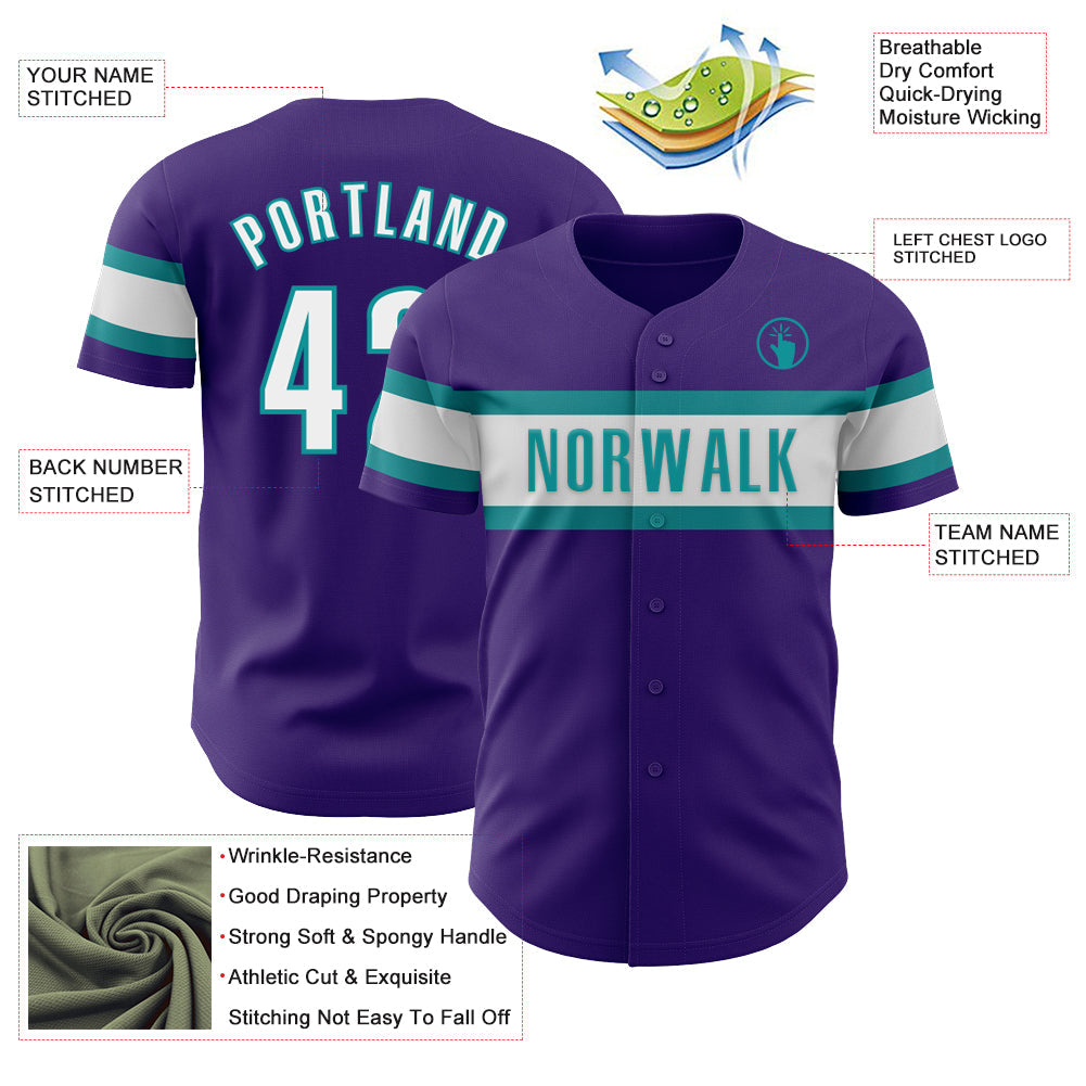 Custom Purple White-Teal Authentic Baseball Jersey view 3