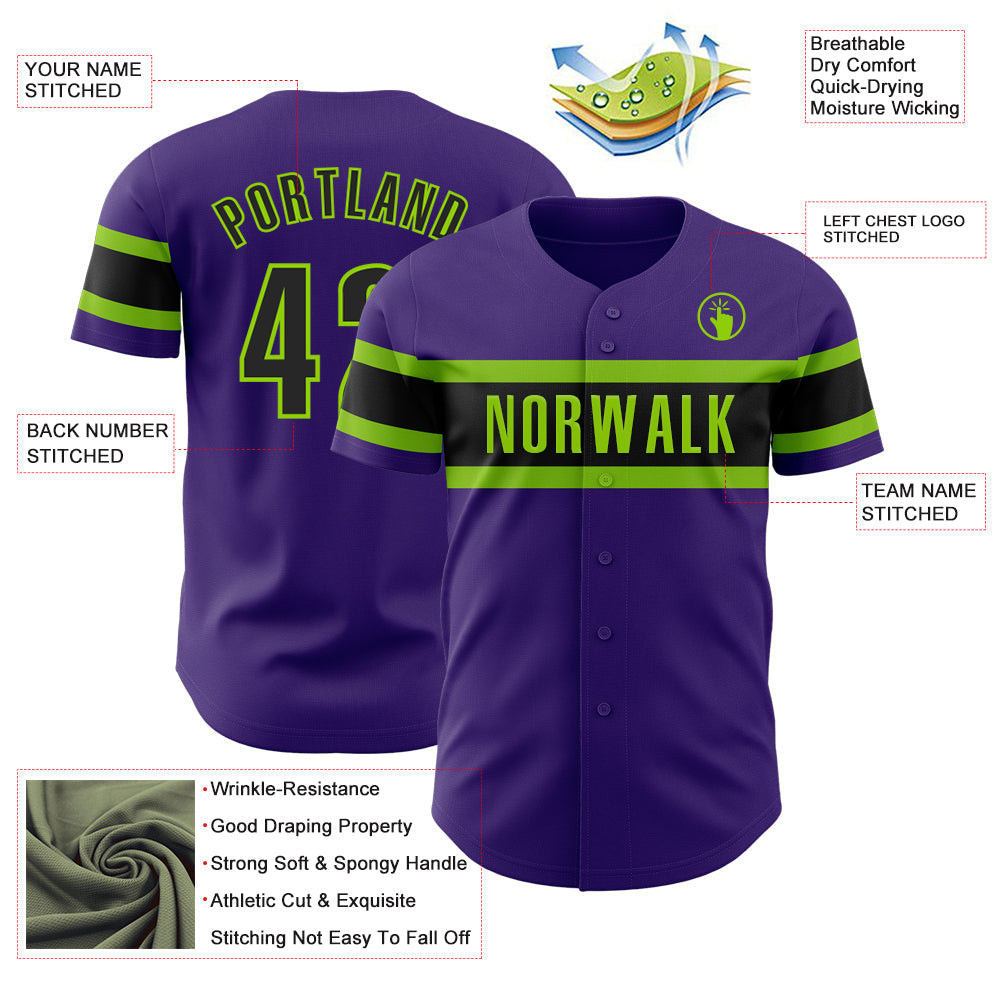 Custom Purple Black-Neon Green Authentic Baseball Jersey view 3