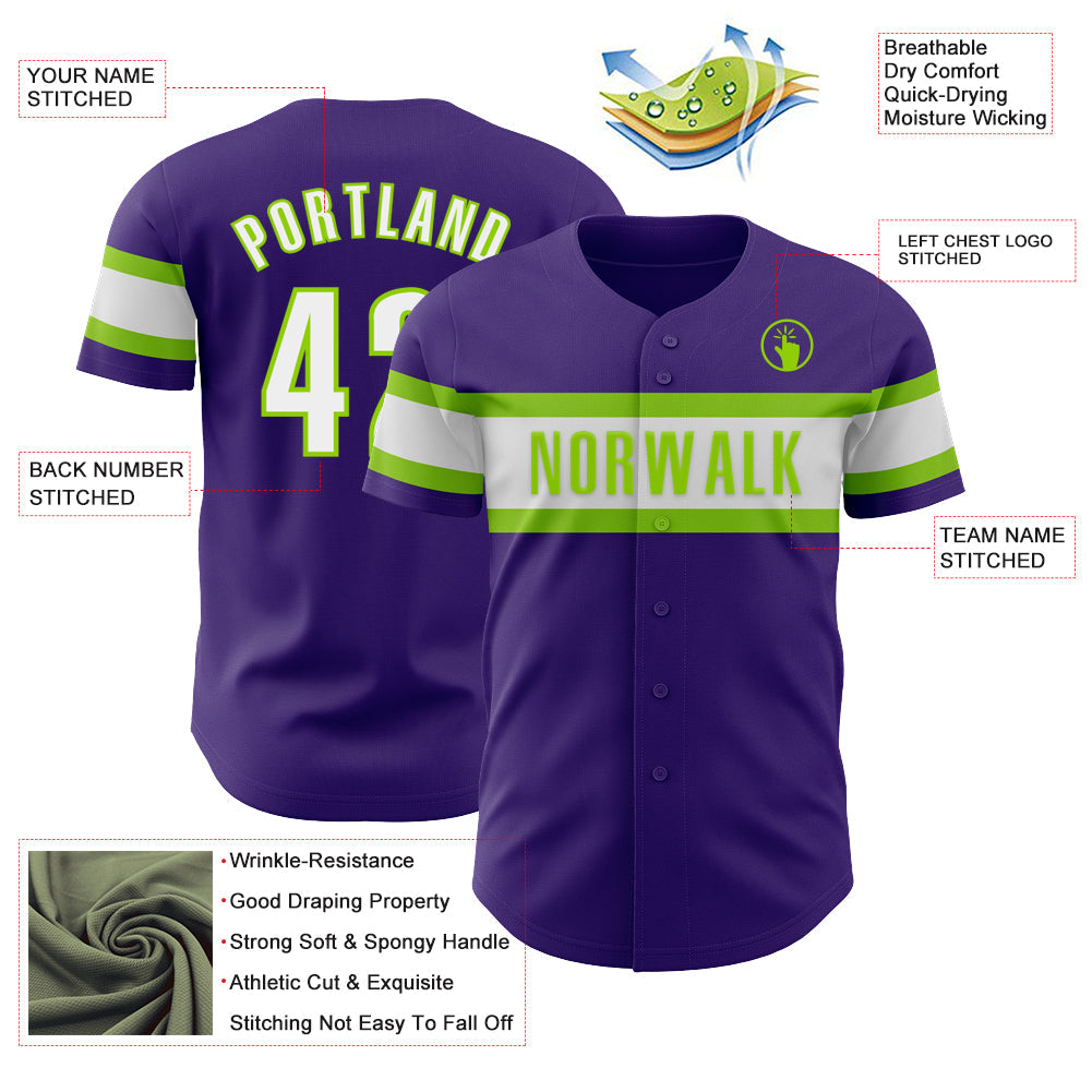 Custom Purple White-Neon Green Authentic Baseball Jersey view 3