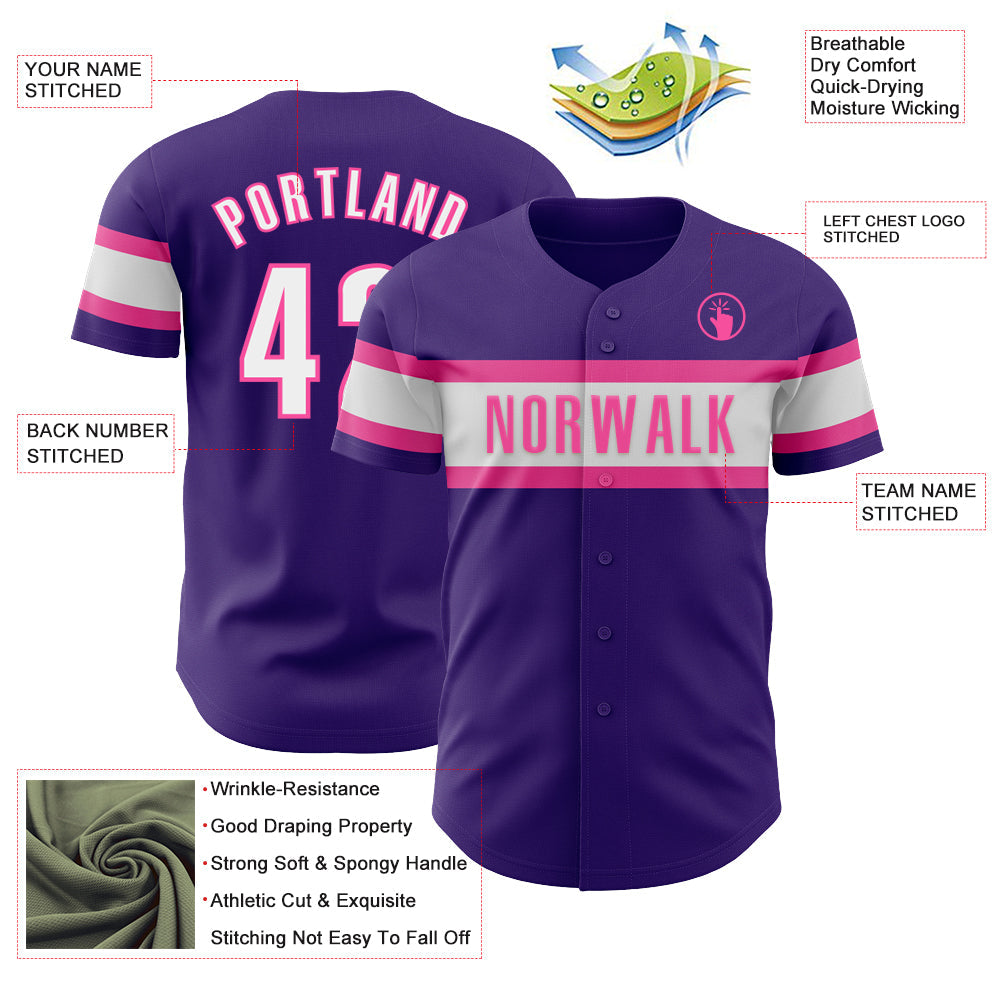 Custom Purple White-Pink Authentic Baseball Jersey view 3
