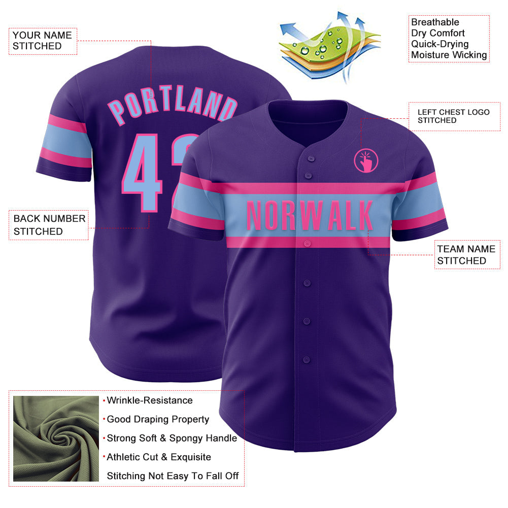 Custom Purple Light Blue-Pink Authentic Baseball Jersey view 3