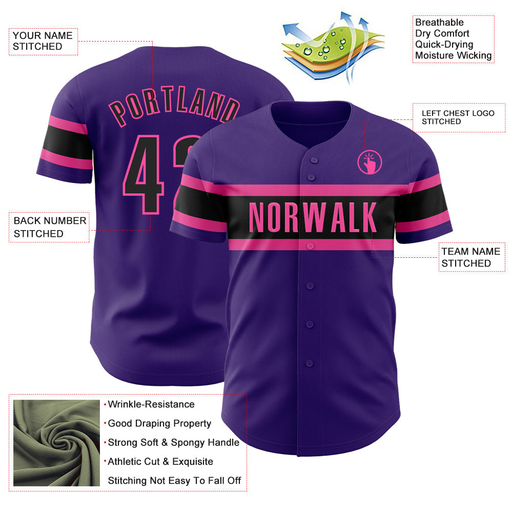 Custom Purple Black-Pink Authentic Baseball Jersey view 3