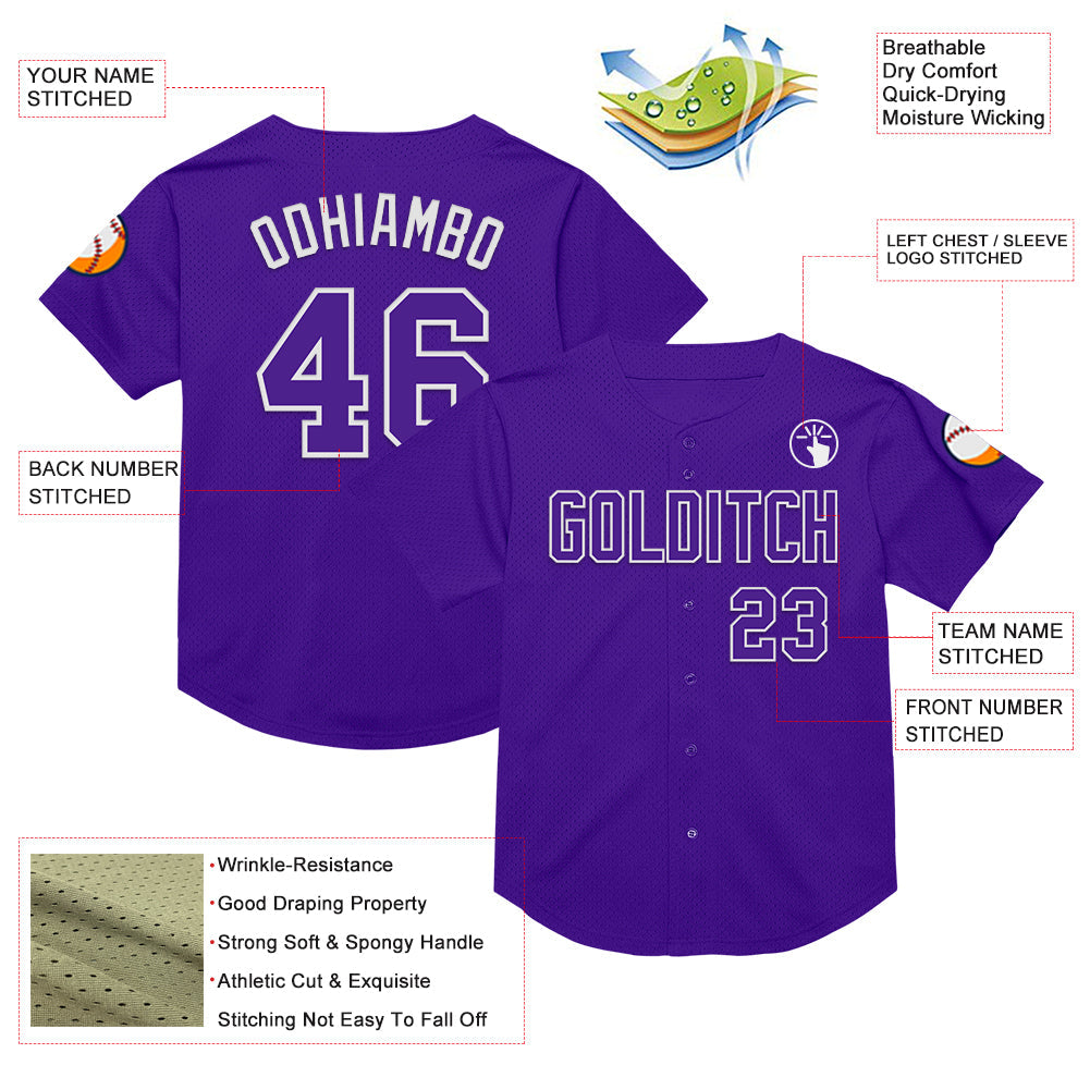Custom Purple White Mesh Authentic Throwback Baseball Jersey view 3