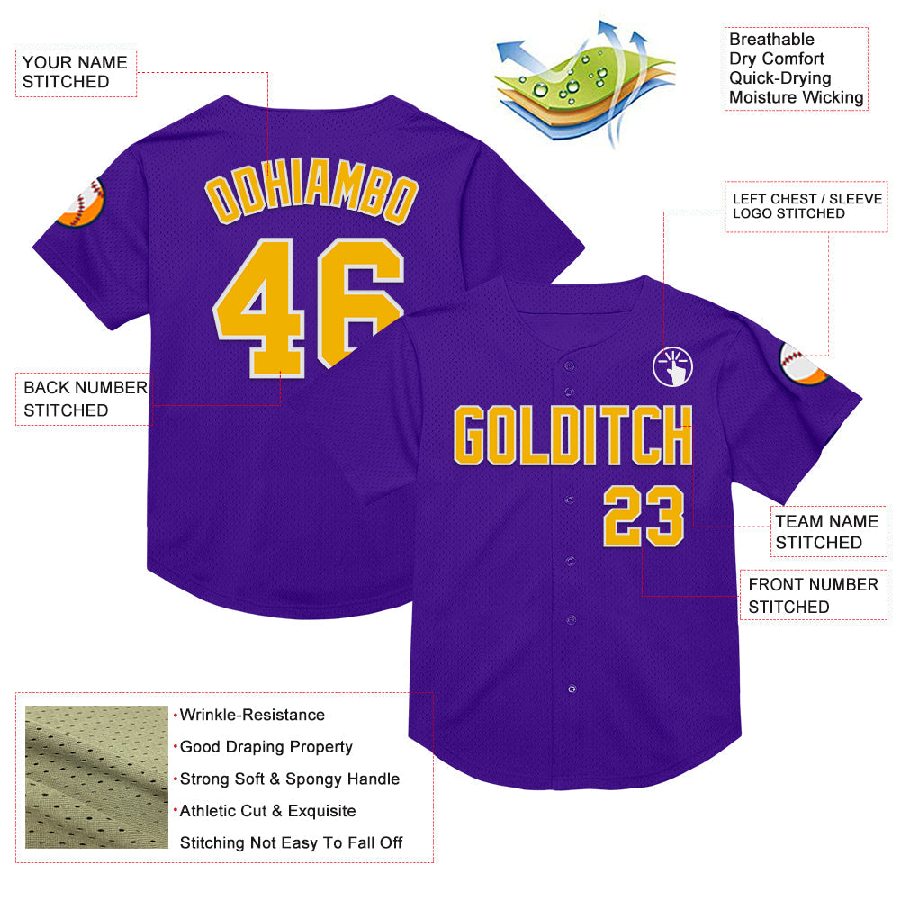 Custom Purple Gold-White Mesh Authentic Throwback Baseball Jersey view 3