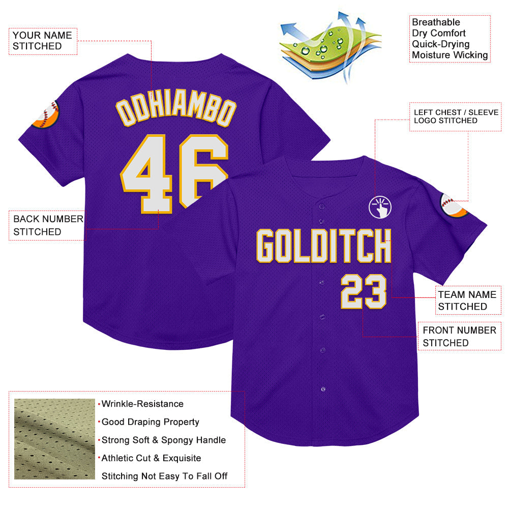Custom Purple White-Gold Mesh Authentic Throwback Baseball Jersey view 3