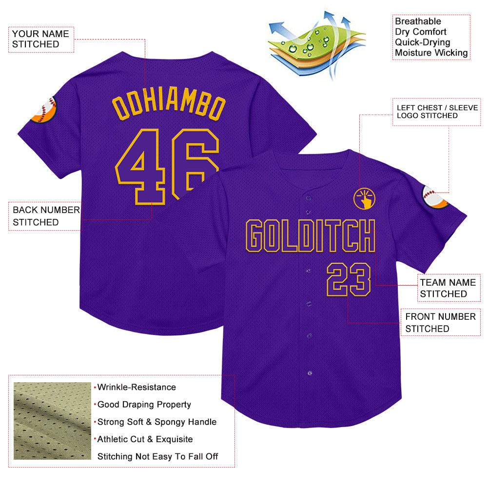 Custom Purple Gold Mesh Authentic Throwback Baseball Jersey view 3