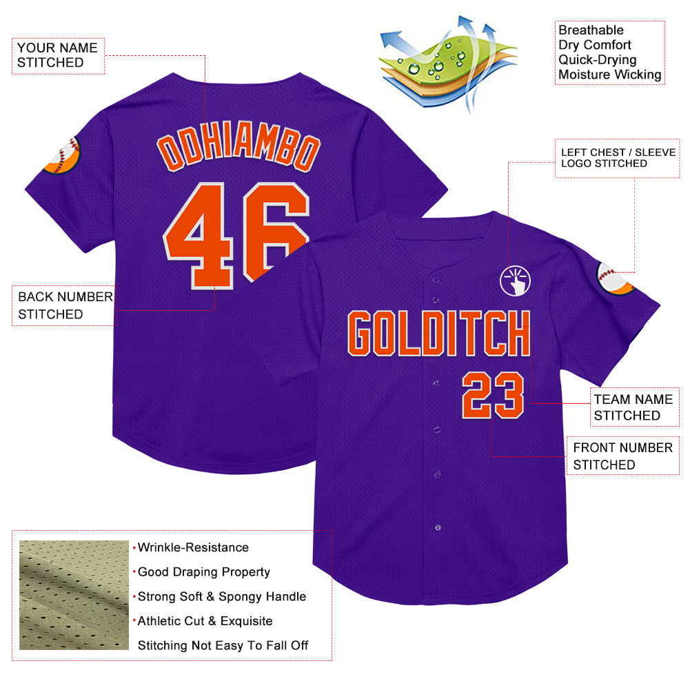 Custom Purple Orange-White Mesh Authentic Throwback Baseball Jersey view 3