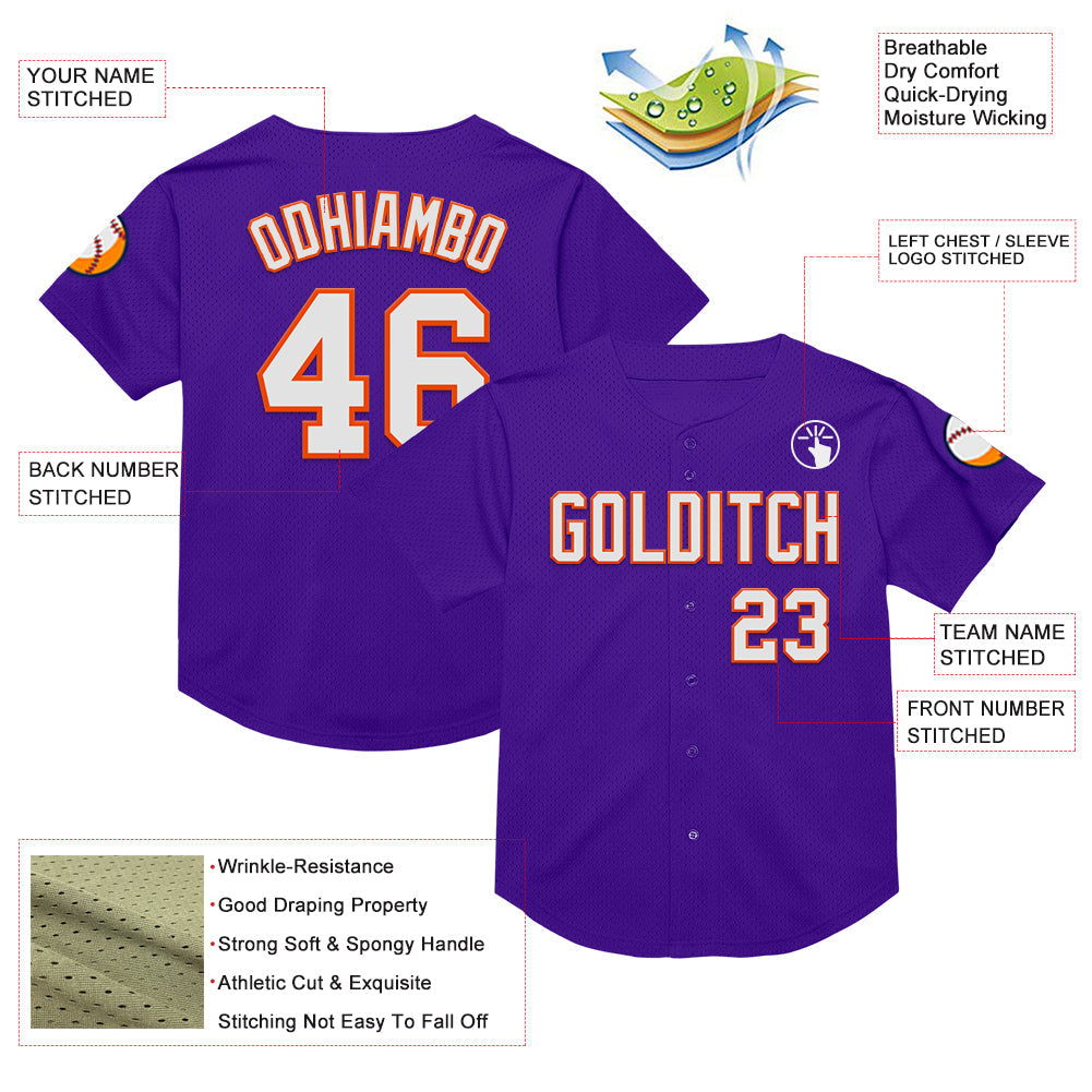 Custom Purple White-Orange Mesh Authentic Throwback Baseball Jersey view 3