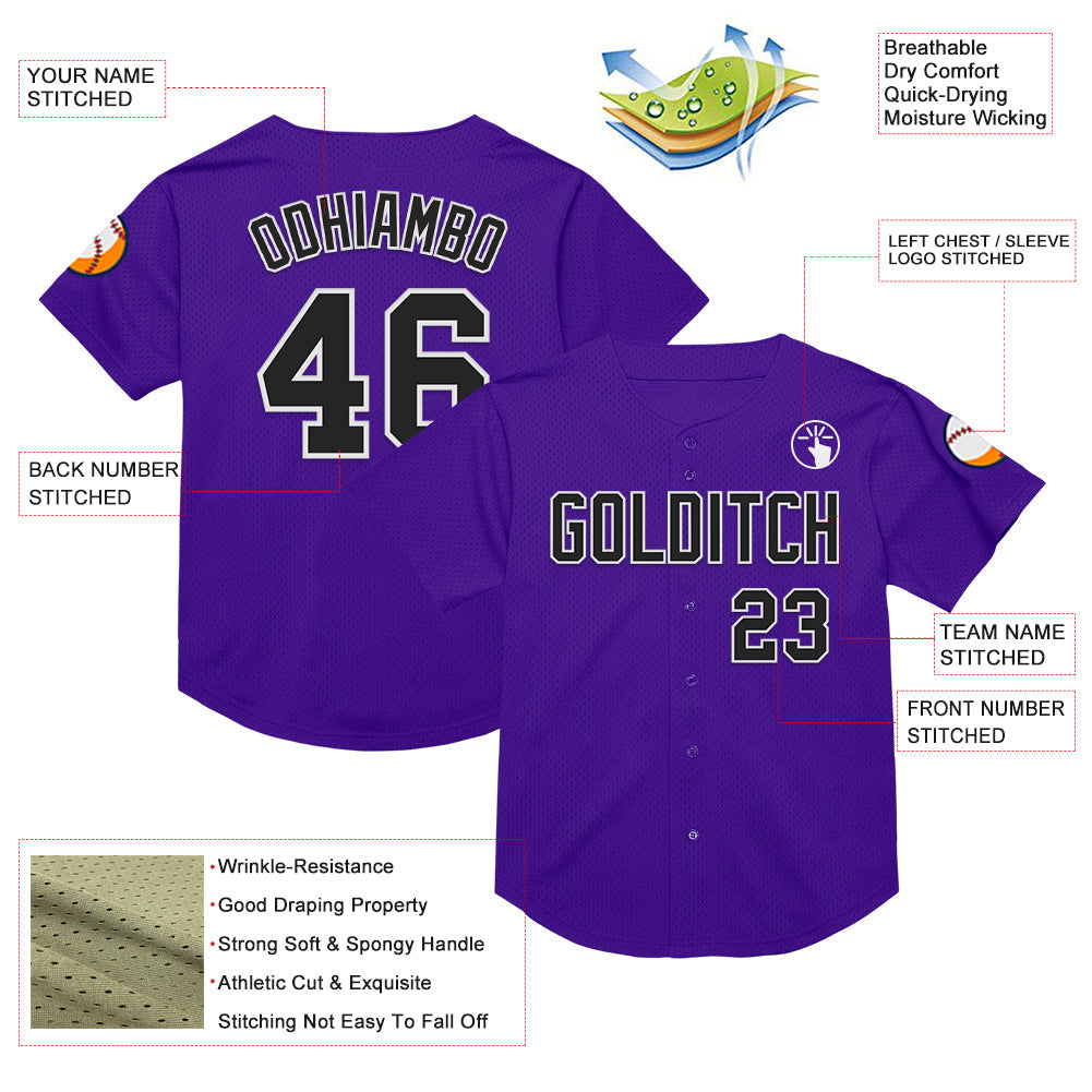 Custom Purple Black-White Mesh Authentic Throwback Baseball Jersey view 3