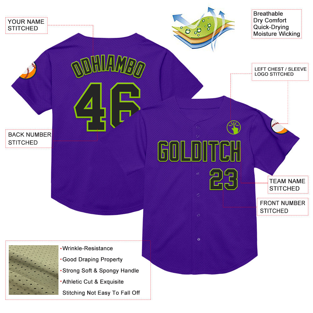Custom Purple Black-Neon Green Mesh Authentic Throwback Baseball Jersey view 3