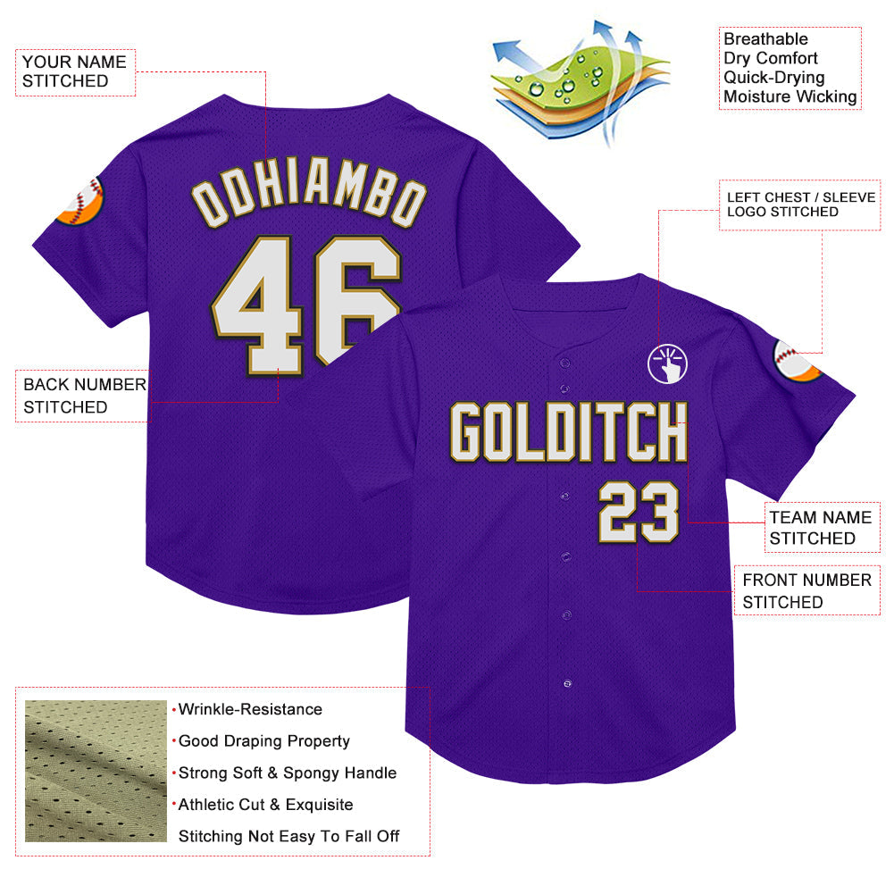 Custom Purple Old Gold-Black Mesh Authentic Throwback Baseball Jersey view 3