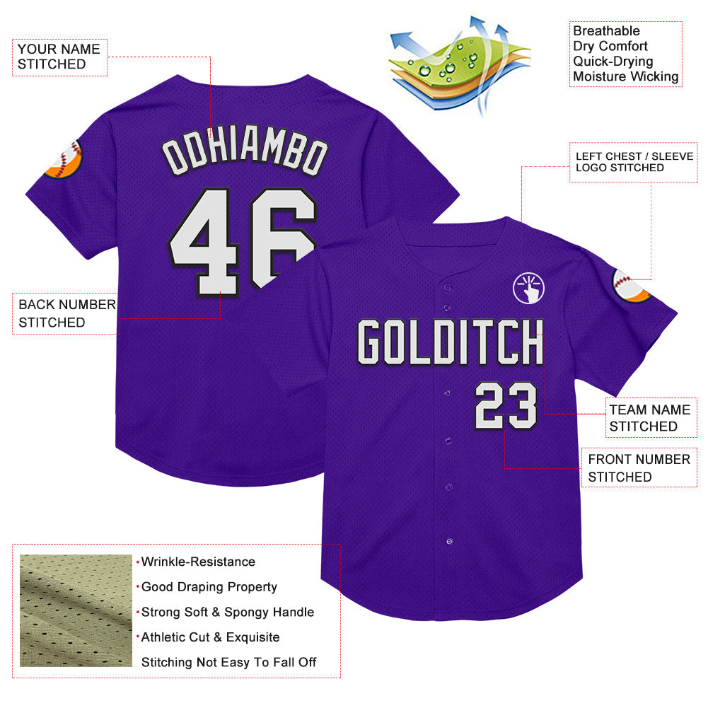 Custom Purple White-Black Mesh Authentic Throwback Baseball Jersey view 3