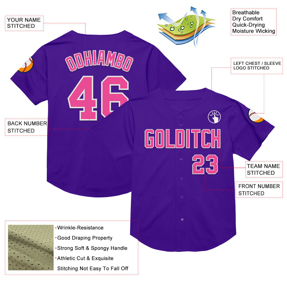 Custom Purple Pink-White Mesh Authentic Throwback Baseball Jersey view 3