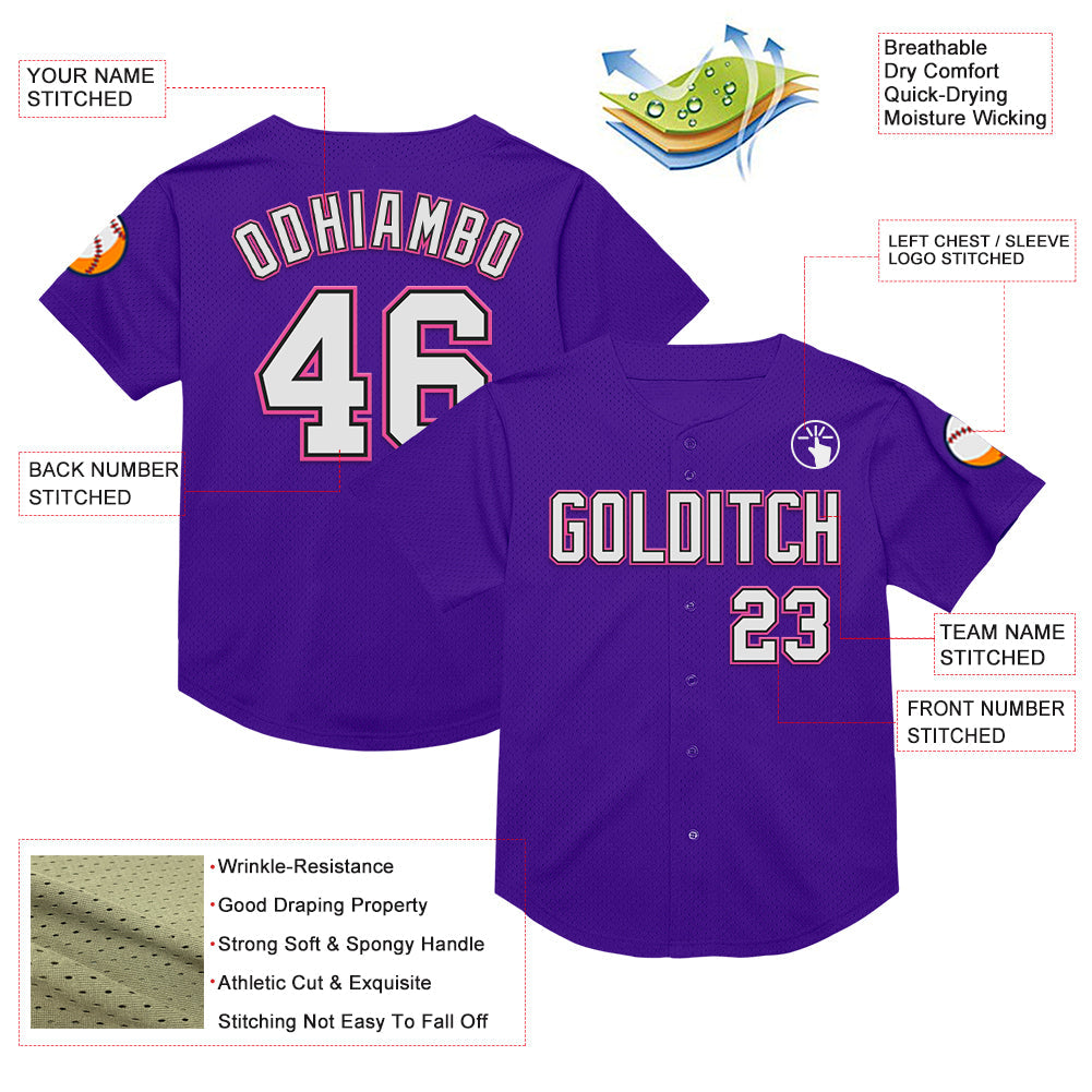 Custom Purple Black-Pink Mesh Authentic Throwback Baseball Jersey view 3