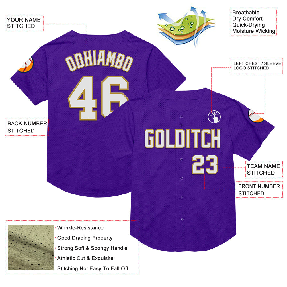 Custom Purple White-Old Gold Mesh Authentic Throwback Baseball Jersey view 3