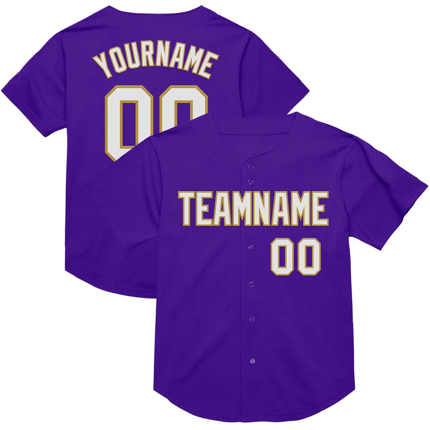 Custom Purple White-Old Gold Mesh Authentic Throwback Baseball Jersey - Main View