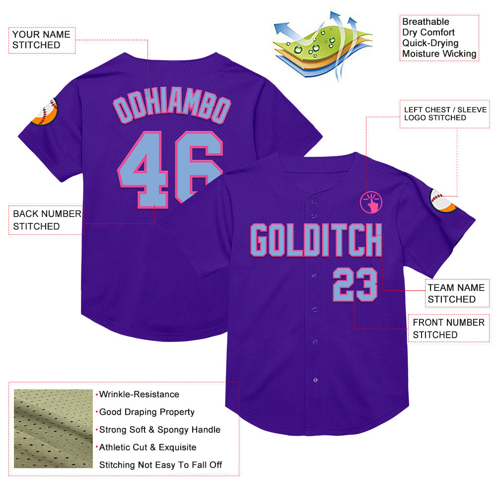 Custom Purple Light Blue-Pink Mesh Authentic Throwback Baseball Jersey view 3