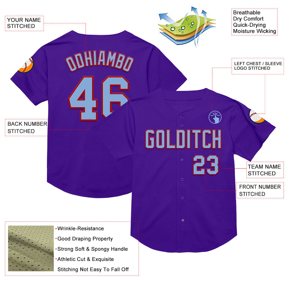 Custom Purple Light Blue-Red Mesh Authentic Throwback Baseball Jersey view 3