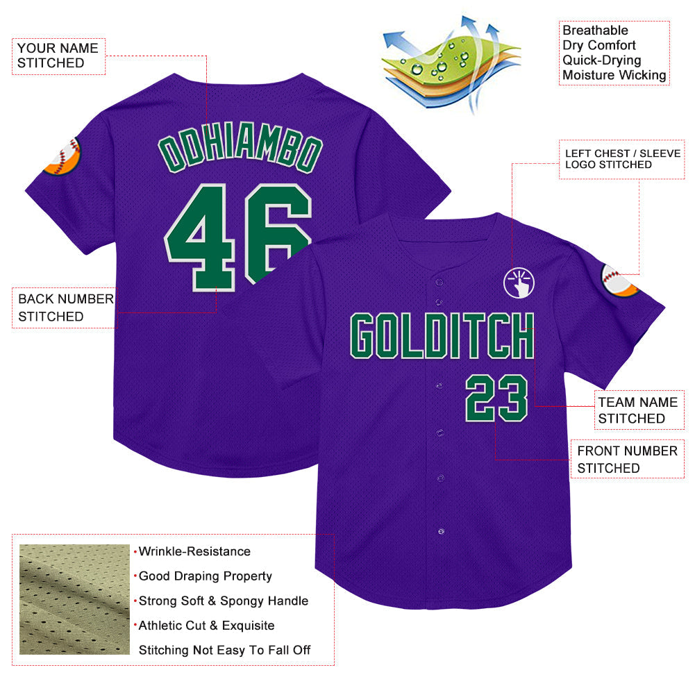 Custom Purple Kelly Green-White Mesh Authentic Throwback Baseball Jersey view 3