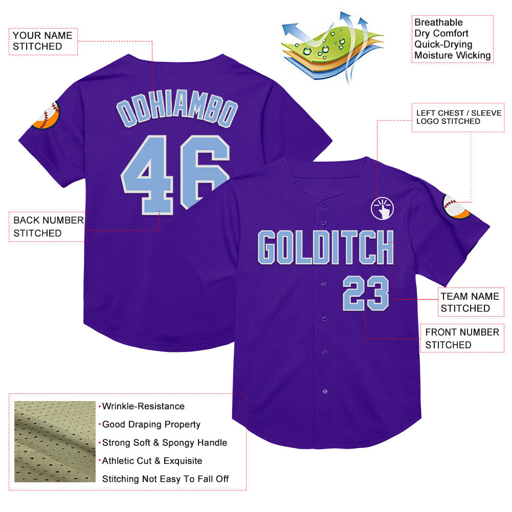 Custom Purple Light Blue-White Mesh Authentic Throwback Baseball Jersey view 3