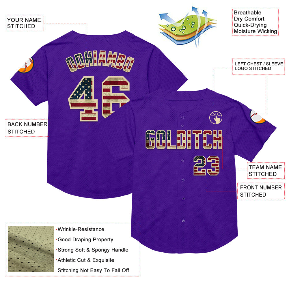 Custom Purple Vintage USA Flag-Cream Mesh Authentic Throwback Baseball Jersey view 3