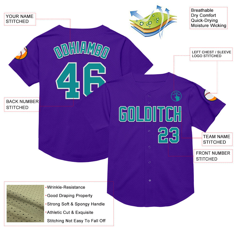 Custom Purple Teal-White Mesh Authentic Throwback Baseball Jersey view 3