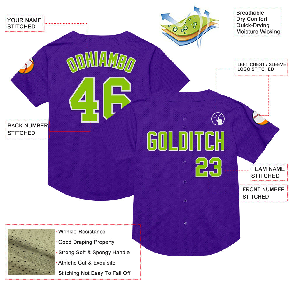 Custom Purple Neon Green-White Mesh Authentic Throwback Baseball Jersey view 3