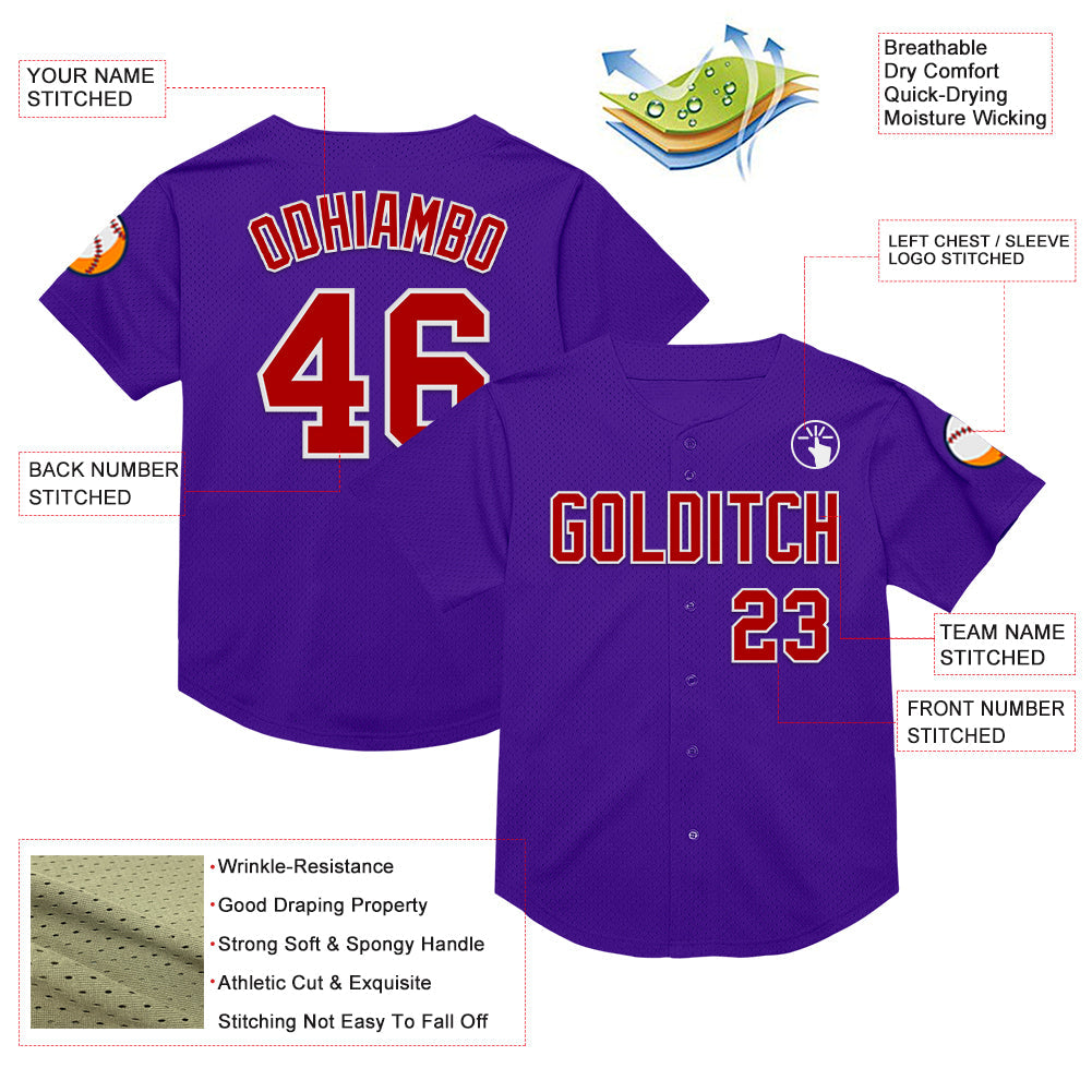 Custom Purple Red-White Mesh Authentic Throwback Baseball Jersey view 3