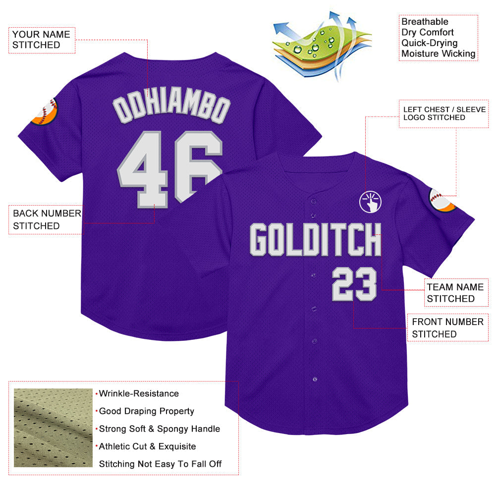 Custom Purple White-Gray Mesh Authentic Throwback Baseball Jersey view 3