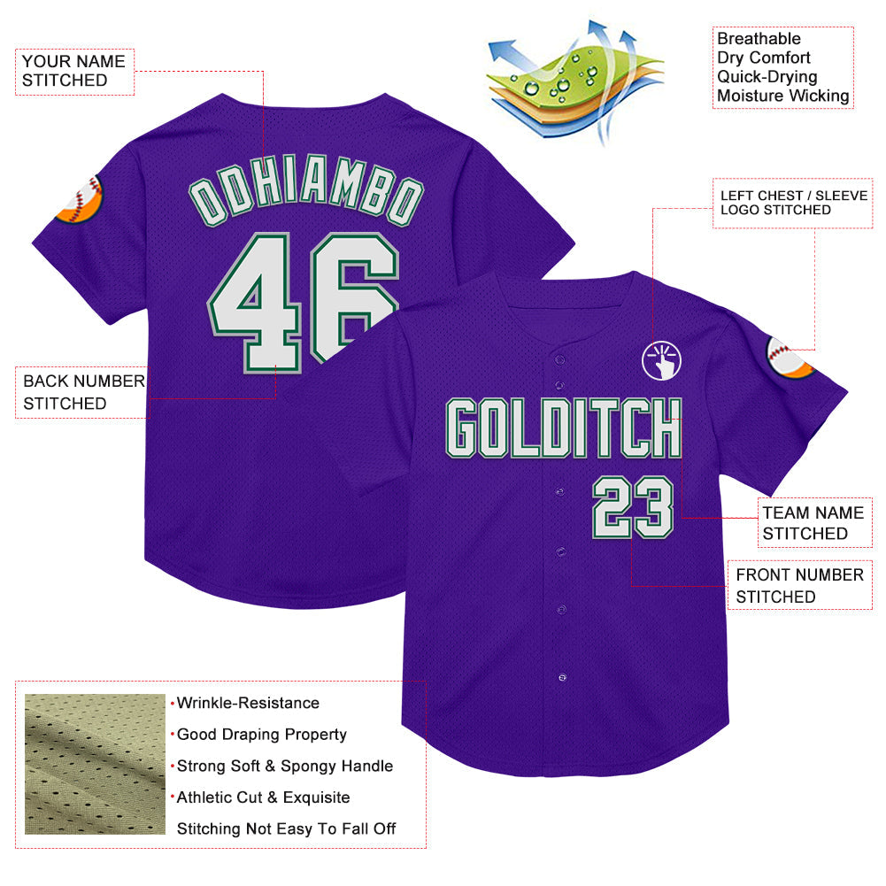 Custom Purple Kelly Green-Gray Mesh Authentic Throwback Baseball Jersey view 3