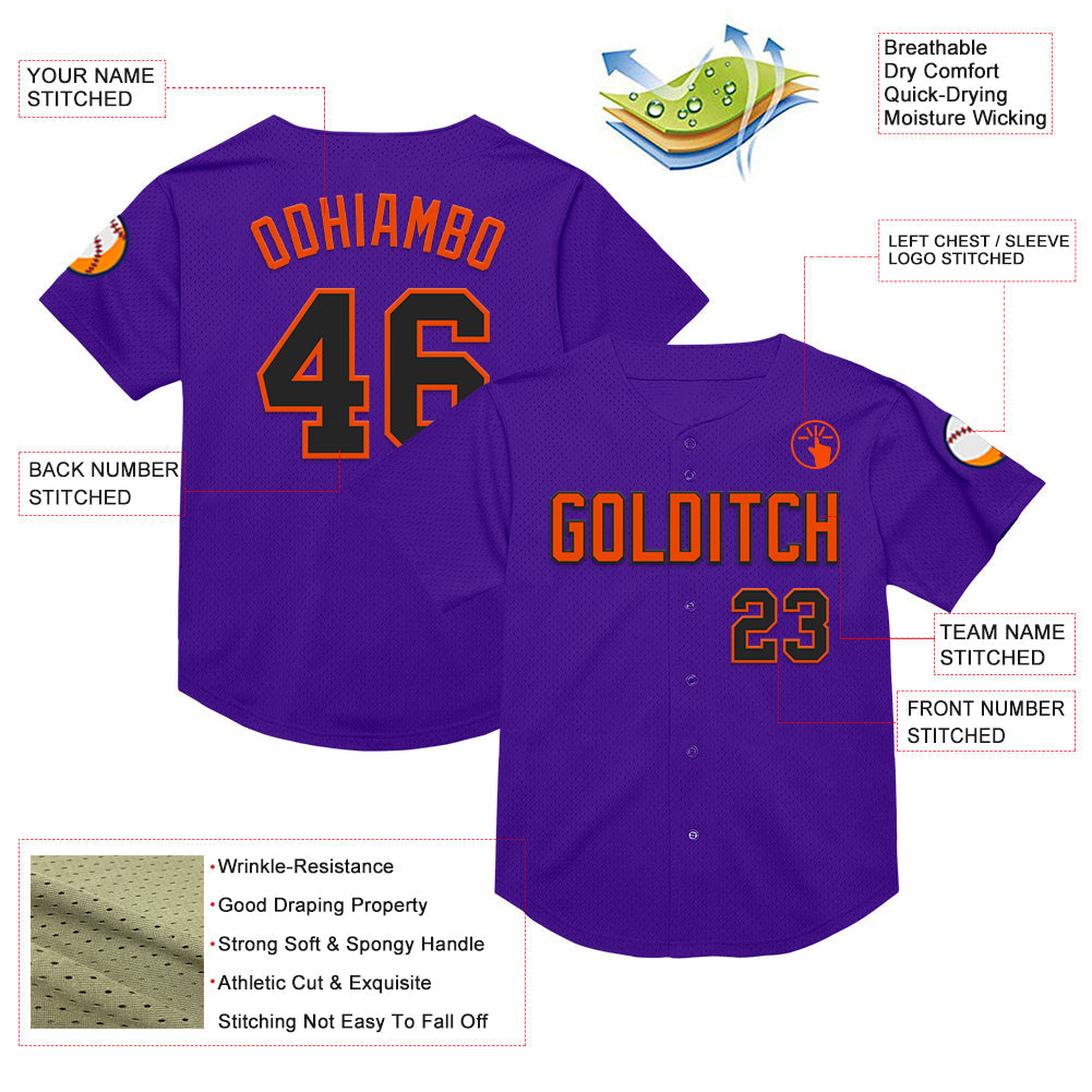 Custom Purple Black-Orange Mesh Authentic Throwback Baseball Jersey view 3