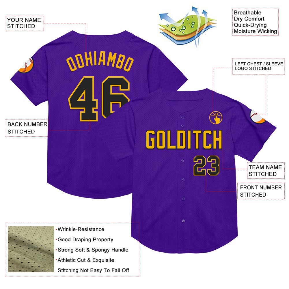 Custom Purple Black-Gold Mesh Authentic Throwback Baseball Jersey view 3