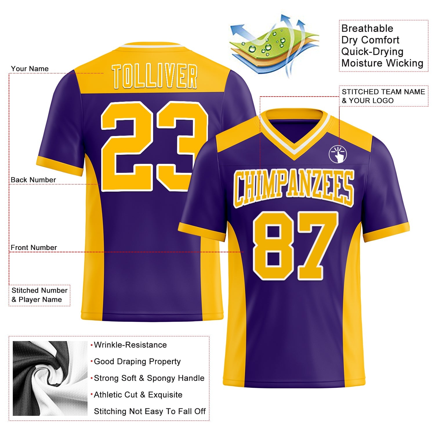 Custom Purple Gold-White Authentic Football Jersey view 3