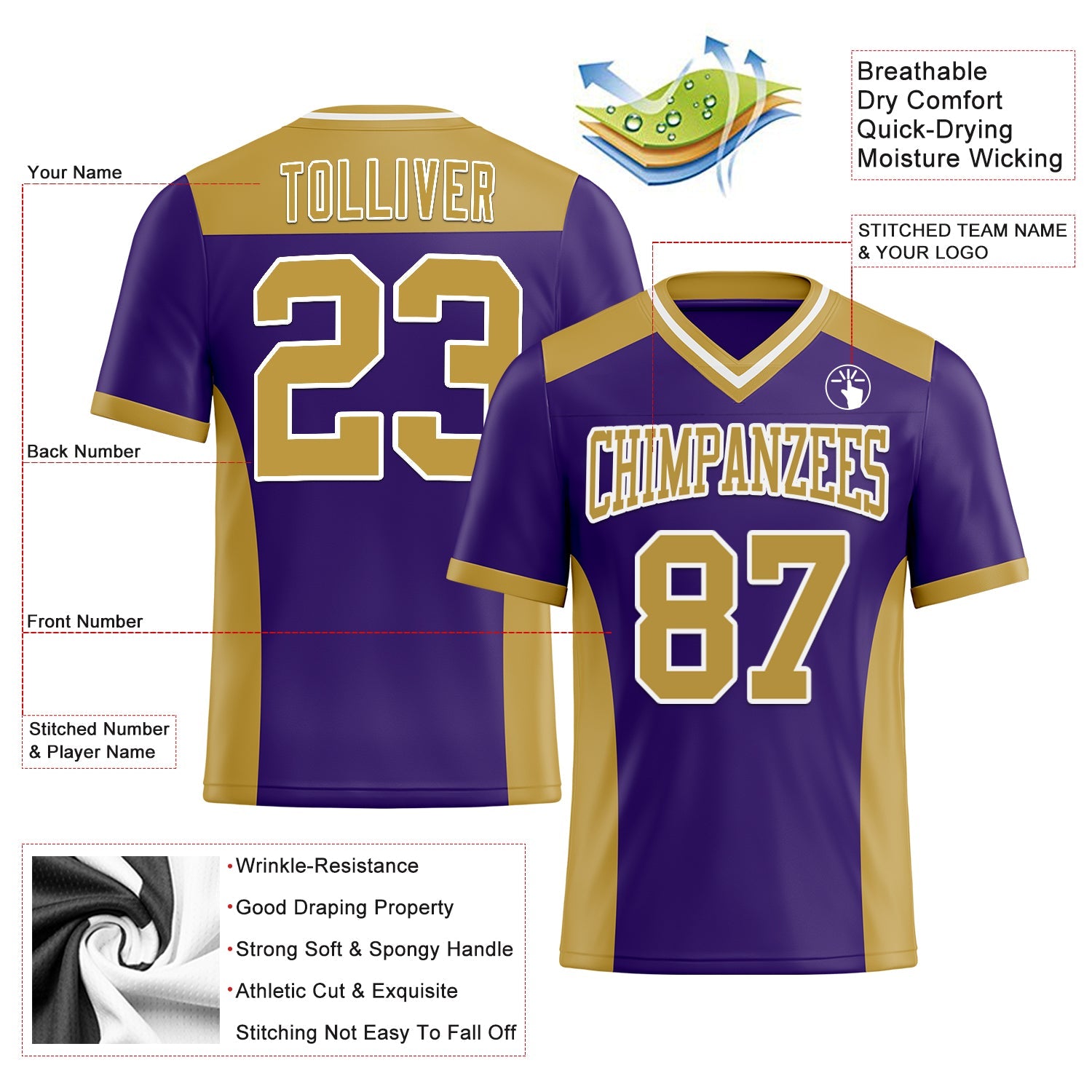 Custom Purple Old Gold-White Authentic Football Jersey view 3
