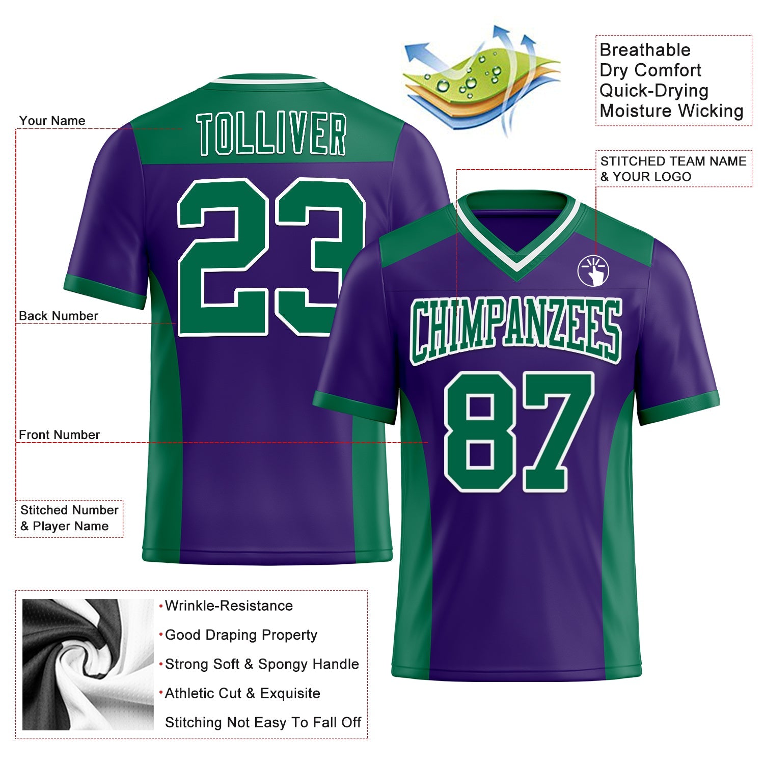 Custom Purple Kelly Green-White Authentic Football Jersey view 3