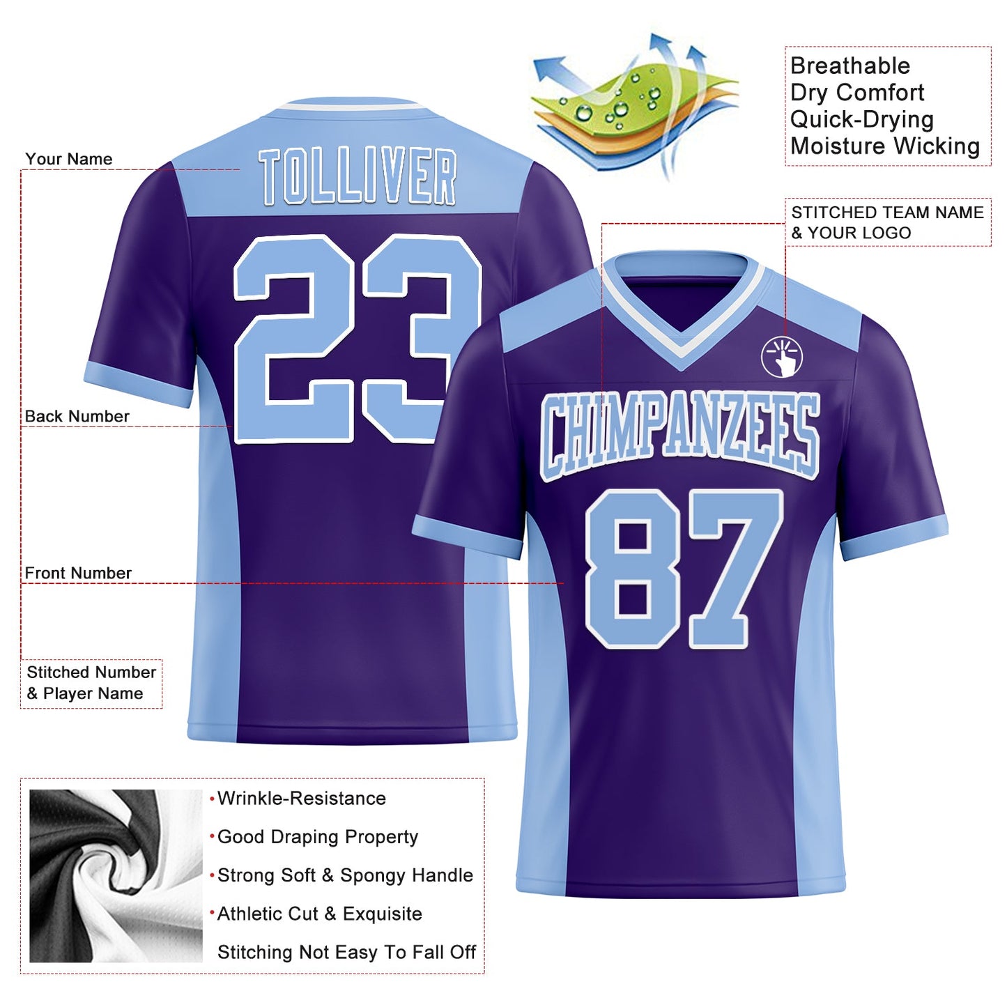 Custom Purple Light Blue-White Authentic Football Jersey view 3