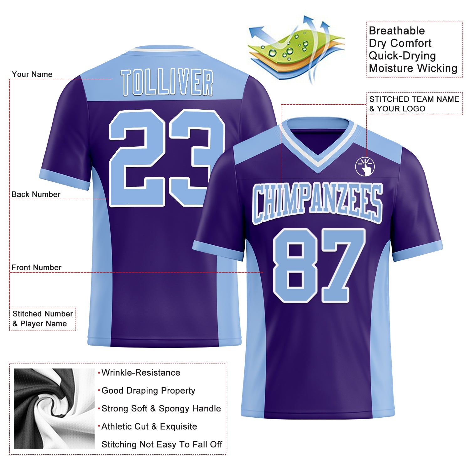 Custom Purple Light Blue-White Authentic Football Jersey view 3