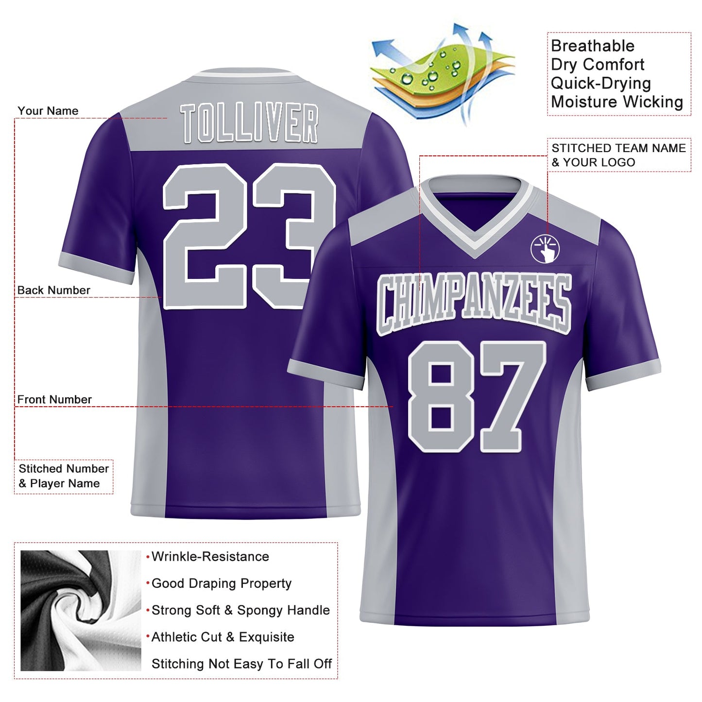 Custom Purple Gray-White Authentic Football Jersey view 3