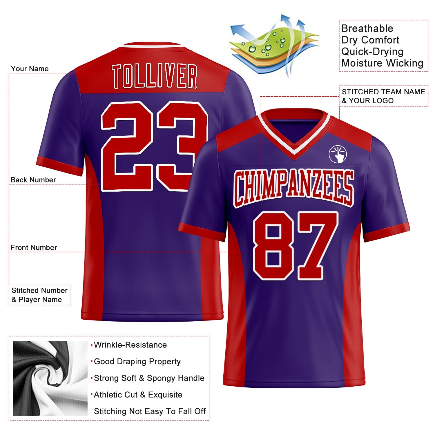 Custom Purple Red-White Authentic Football Jersey view 3