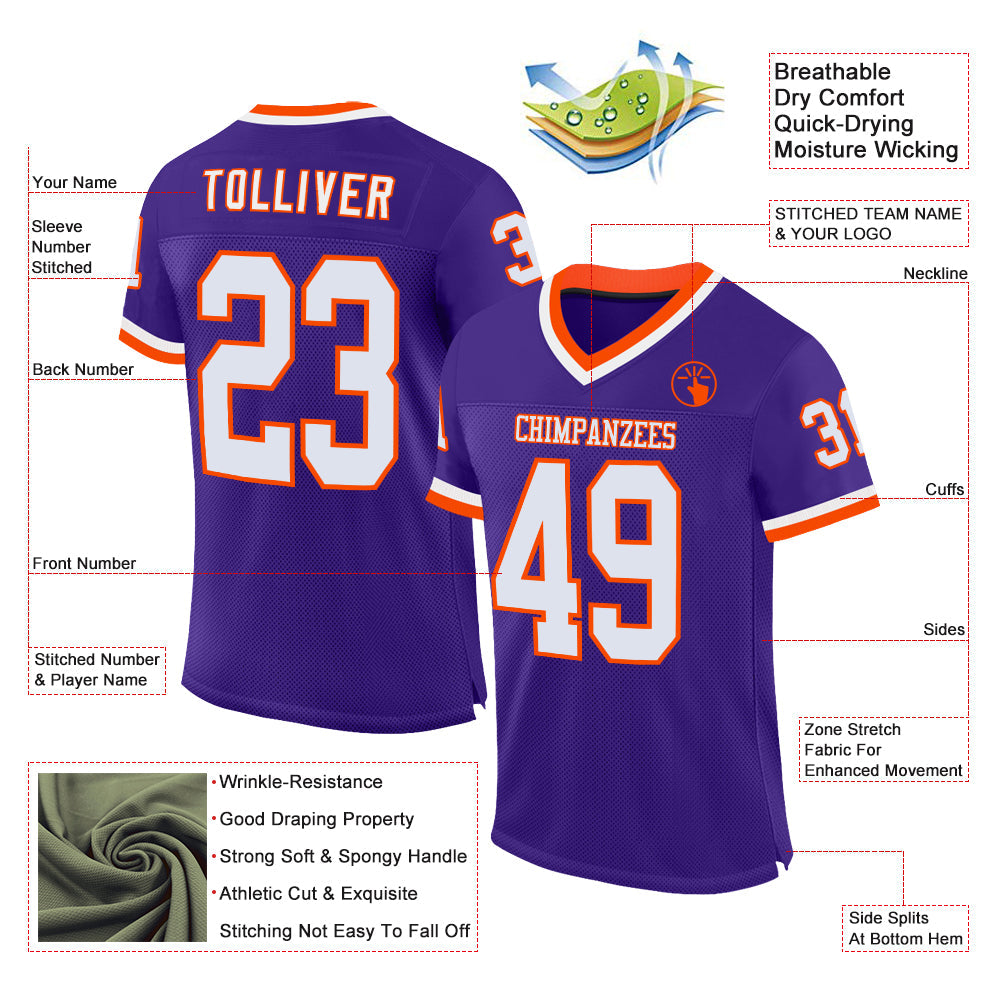 Custom Purple White-Orange Mesh Authentic Throwback Football Jersey view 2