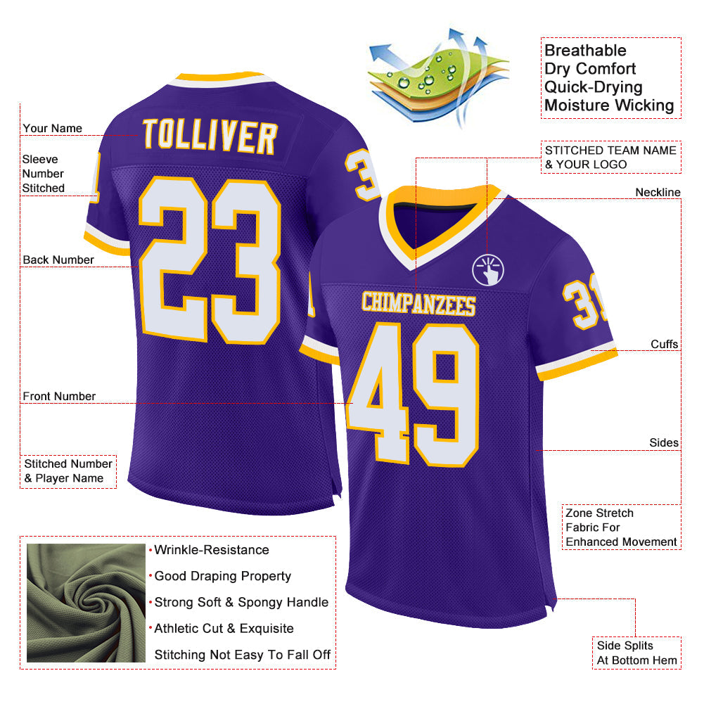 Custom Purple White-Gold Mesh Authentic Throwback Football Jersey view 2