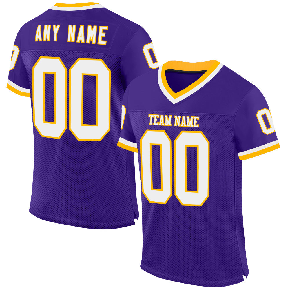 Custom Purple White-Gold Mesh Authentic Throwback Football Jersey - Main View
