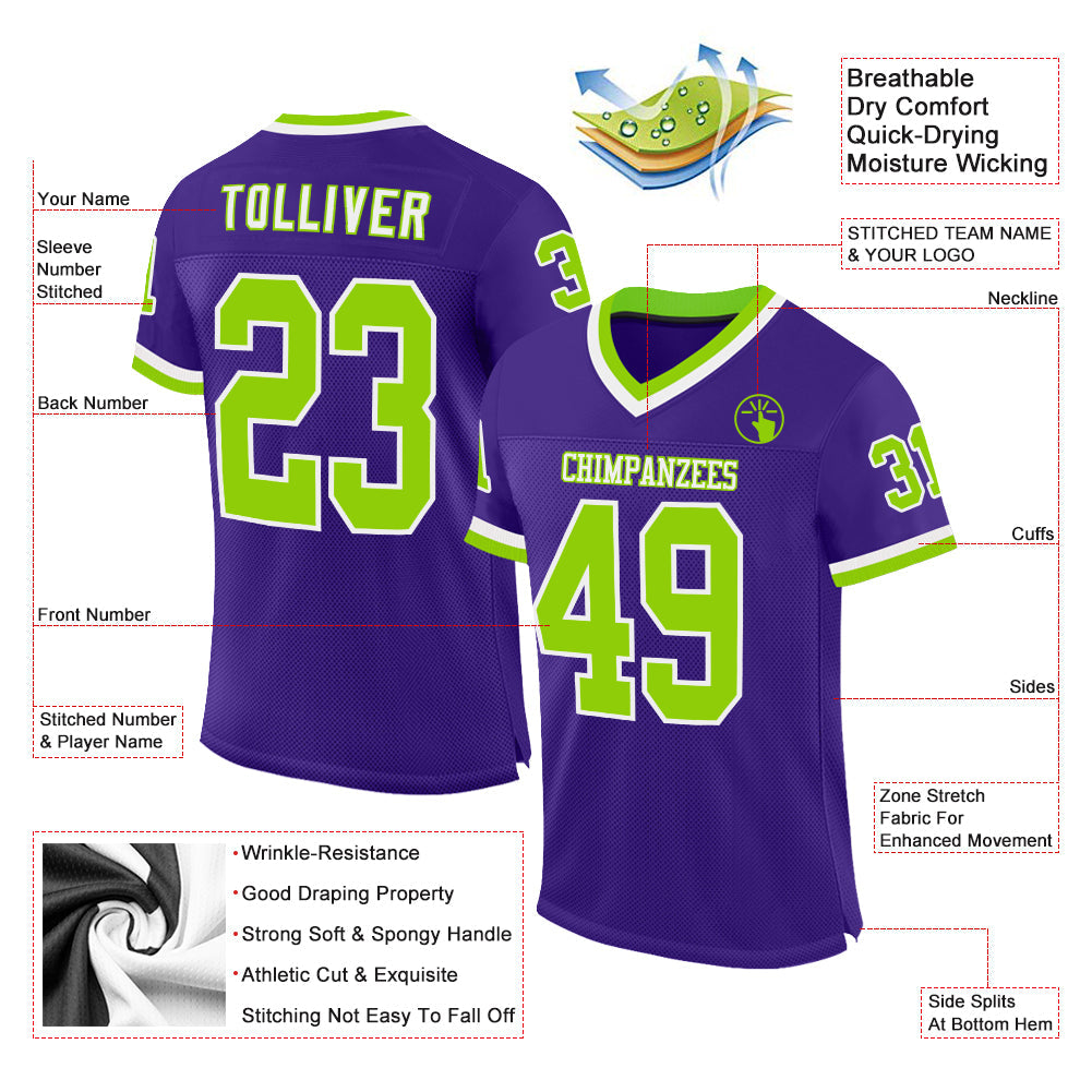 Custom Purple Neon Green-White Mesh Authentic Throwback Football Jersey view 2