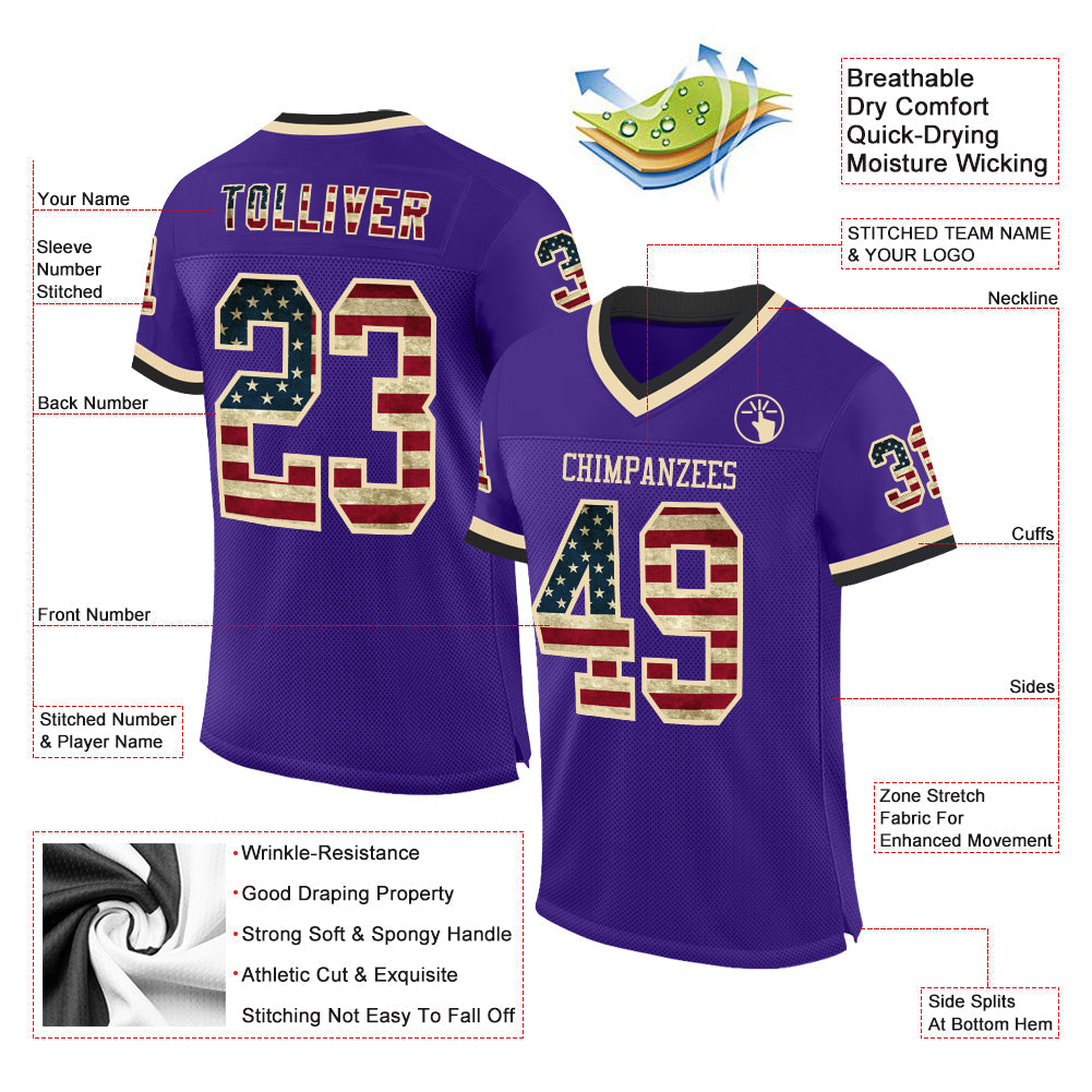 Custom Purple Vintage USA Flag Cream-Black Mesh Authentic Throwback Football Jersey view 2
