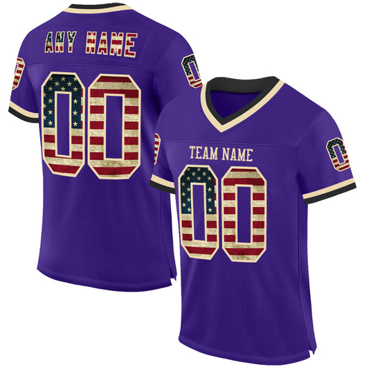 Custom Purple Vintage USA Flag Cream-Black Mesh Authentic Throwback Football Jersey - Main View