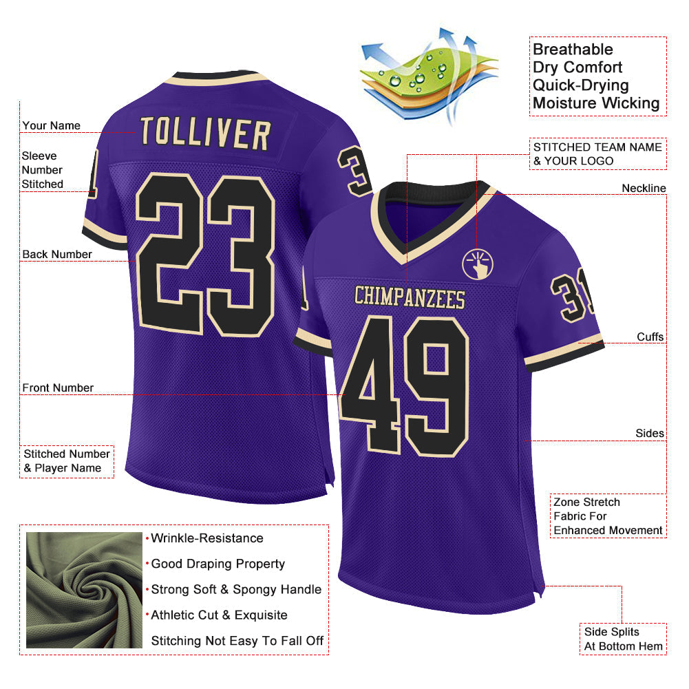 Custom Purple Black-Cream Mesh Authentic Throwback Football Jersey view 2