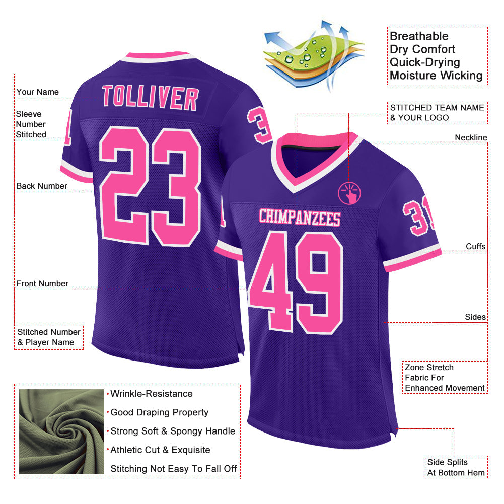 Custom Purple Pink-White Mesh Authentic Throwback Football Jersey view 2