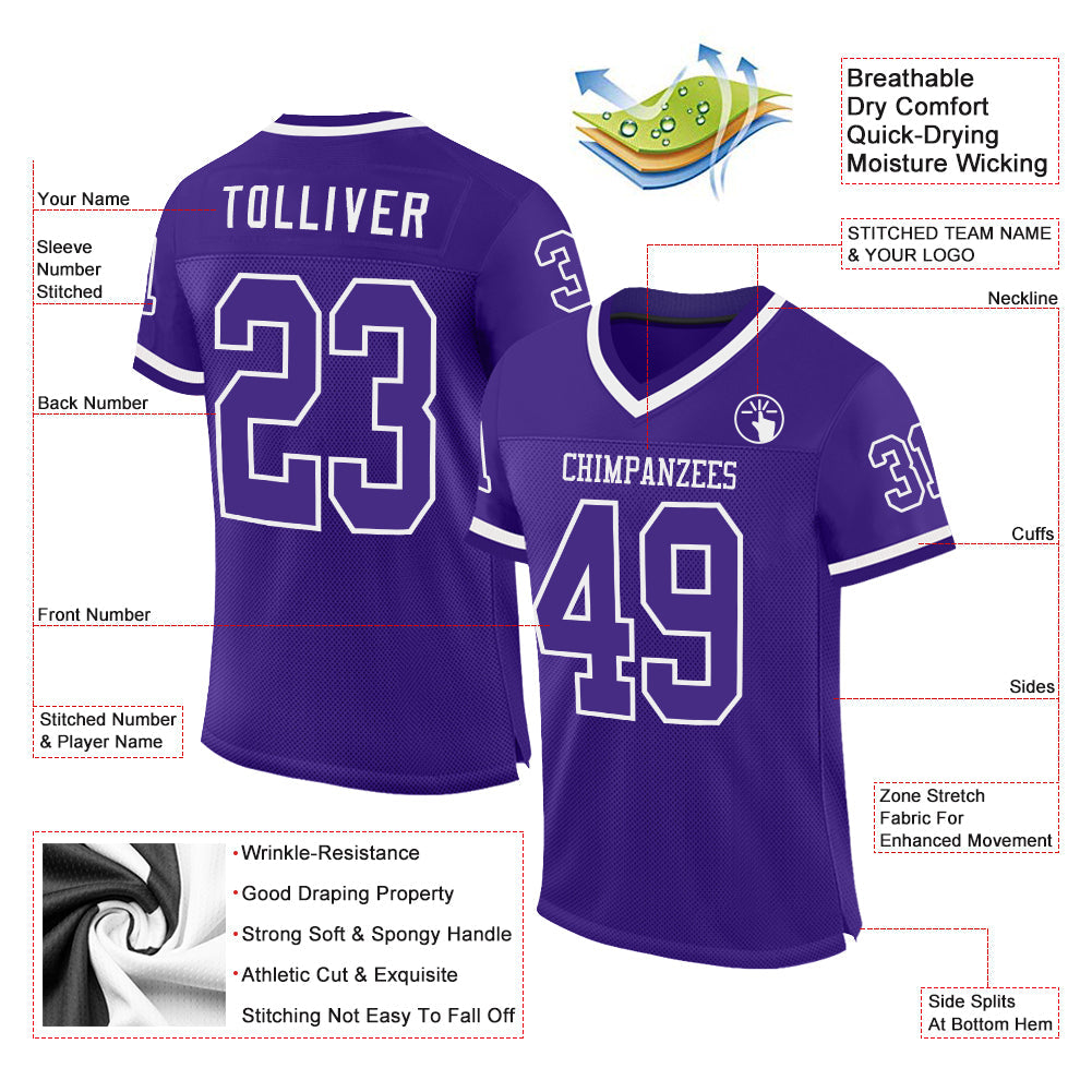 Custom Purple White Mesh Authentic Throwback Football Jersey view 2