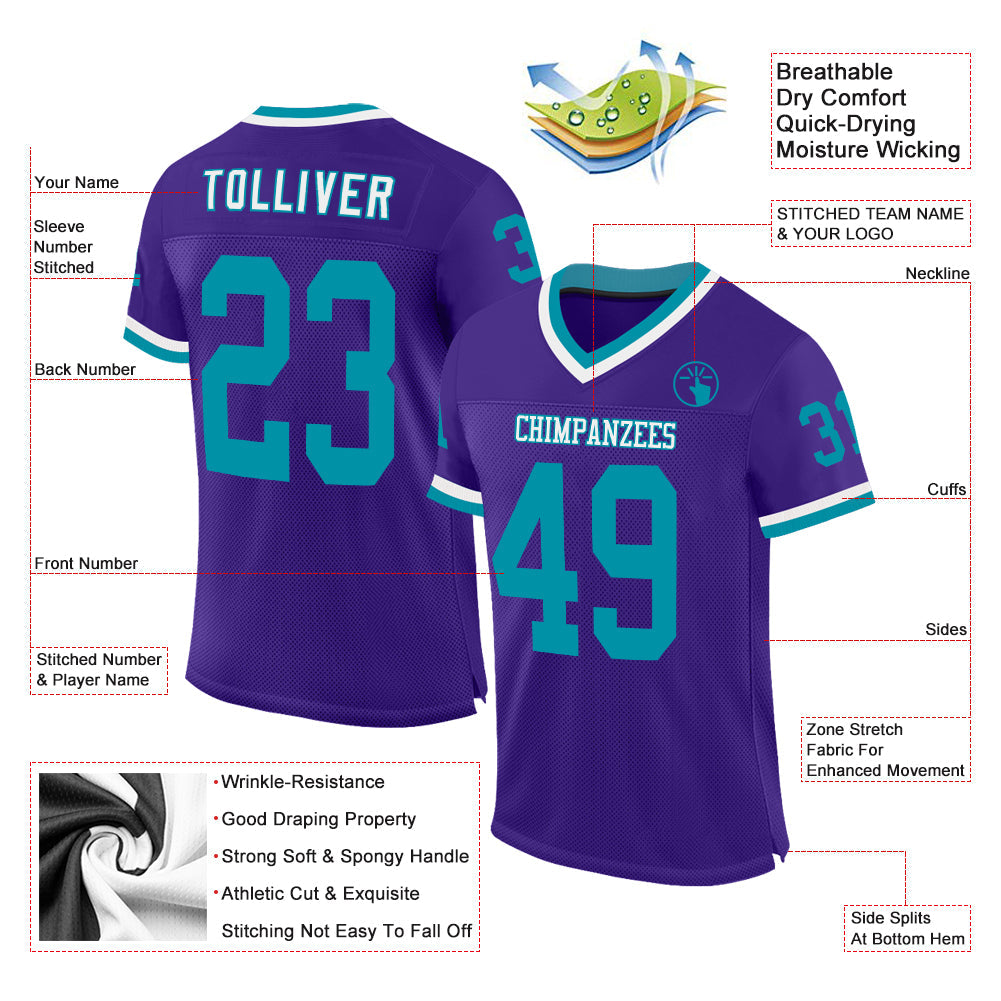 Custom Purple Teal-White Mesh Authentic Throwback Football Jersey view 2