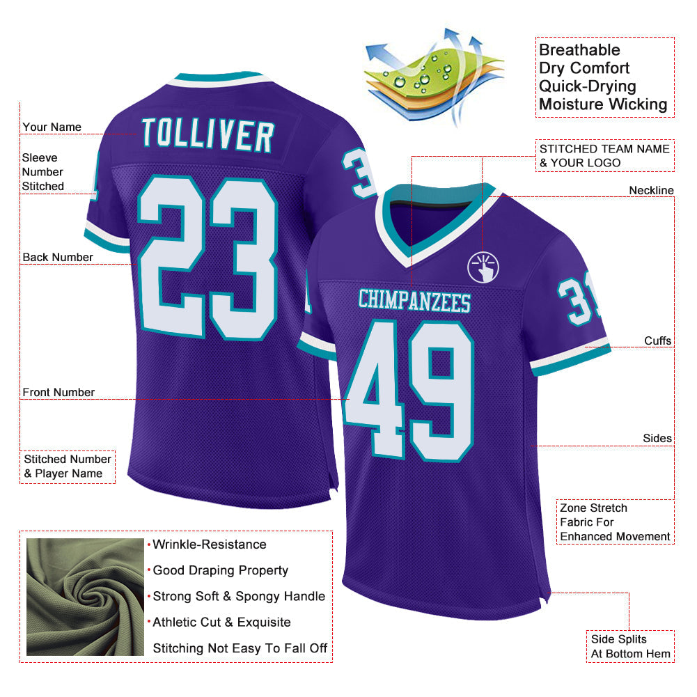 Custom Purple White-Teal Mesh Authentic Throwback Football Jersey view 2
